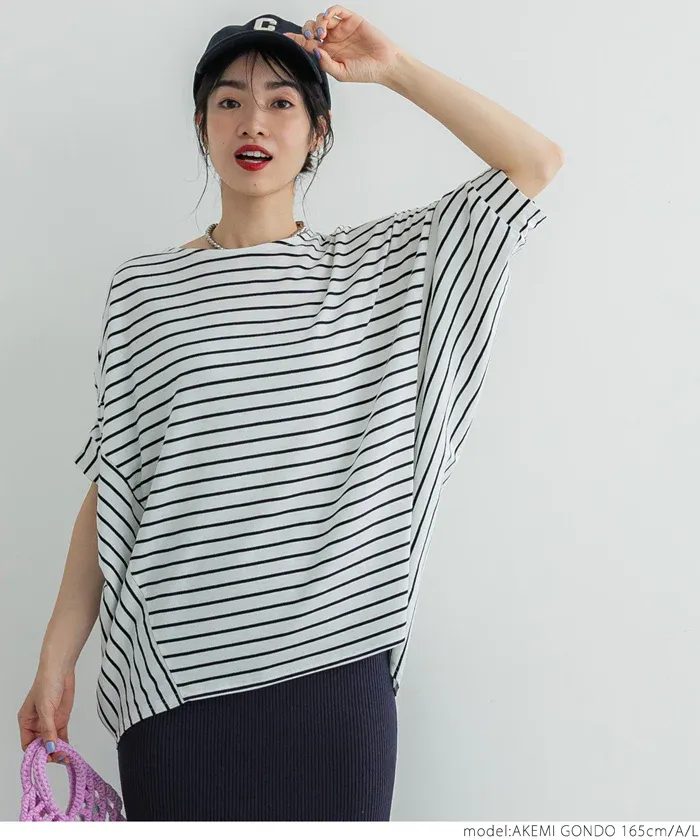 日本 COCA - 透氣百搭圓領飛鼠袖上衣-條紋-綠白