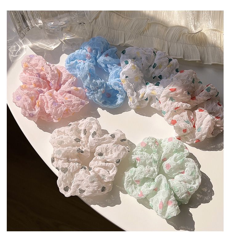 皺摺感小清新布藝大腸圈/髮圈-圓點-白色