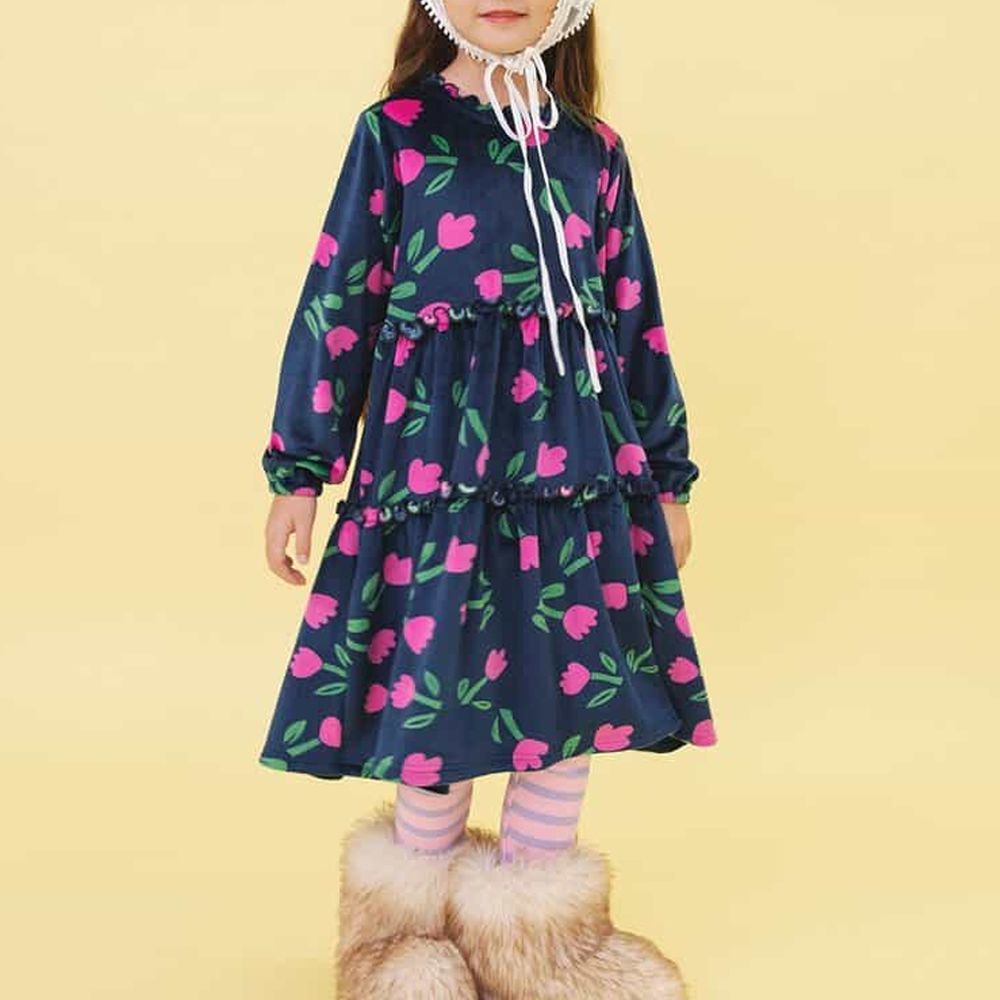 復古浪漫絨面木耳領長袖洋裝-鬱金香-海軍藍