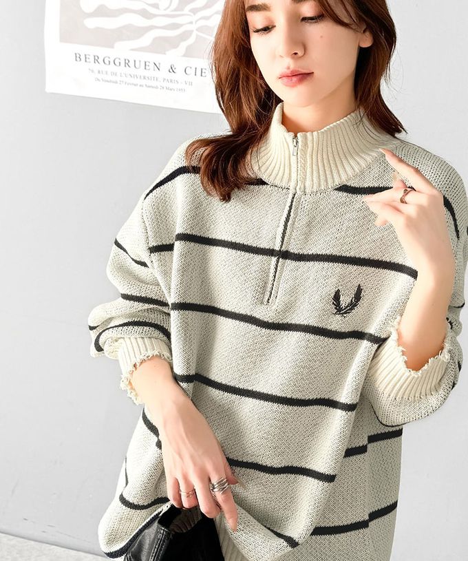 日本 Classical Elf - 半拉鍊寬版不修邊條紋針織上衣-黑