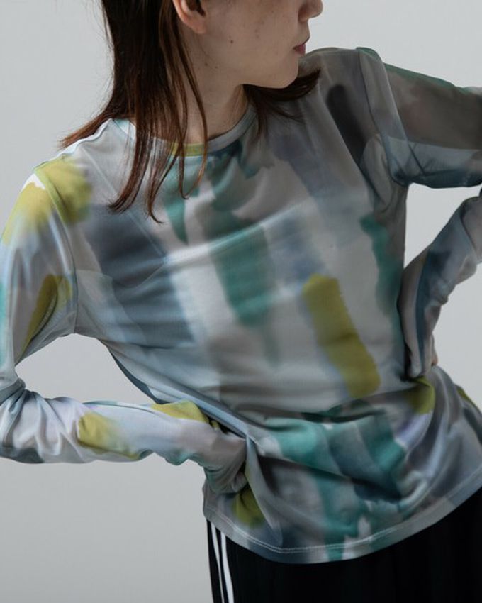 日本 gleam - 水彩畫風透膚休閒長袖上衣-水藍x綠系