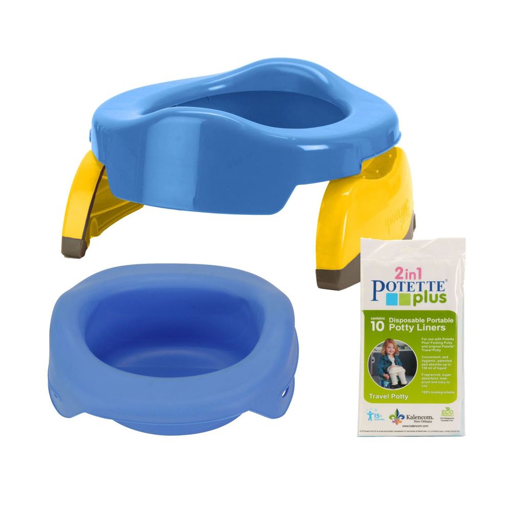 美國 Potette Plus - 可攜式馬桶-藍色+摺疊式家用防漏盆-藍色+拋棄式防漏袋10入裝)
