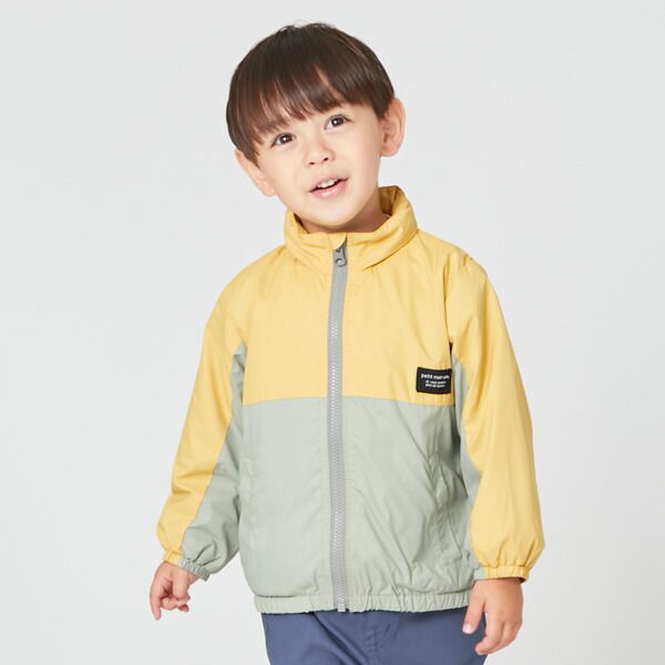 日本 petit main - 拼接雙色連帽輕量防風外套-淺黃x薄荷