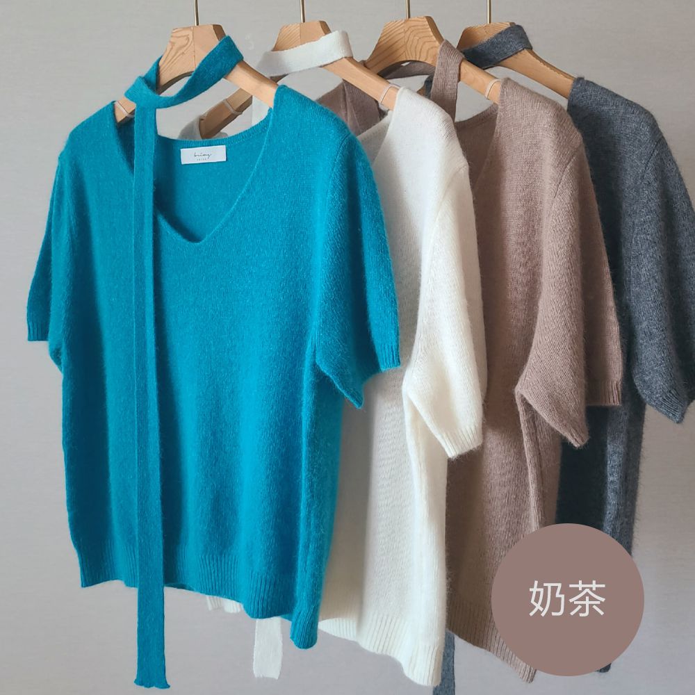 繞頸繫帶設計感混羊毛短袖針織衫-奶茶 (FREE)