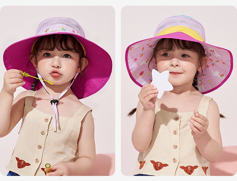 可調節兒童大帽簷防曬遮陽帽-優雅小白兔-粉色