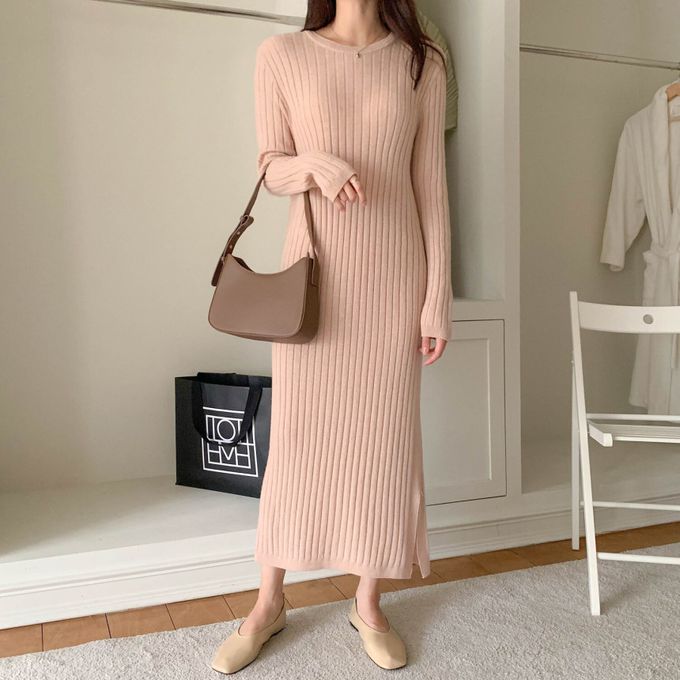 韓國女裝連線 - 喀什米爾羊毛針織連身洋裝-淡粉 (FREE)