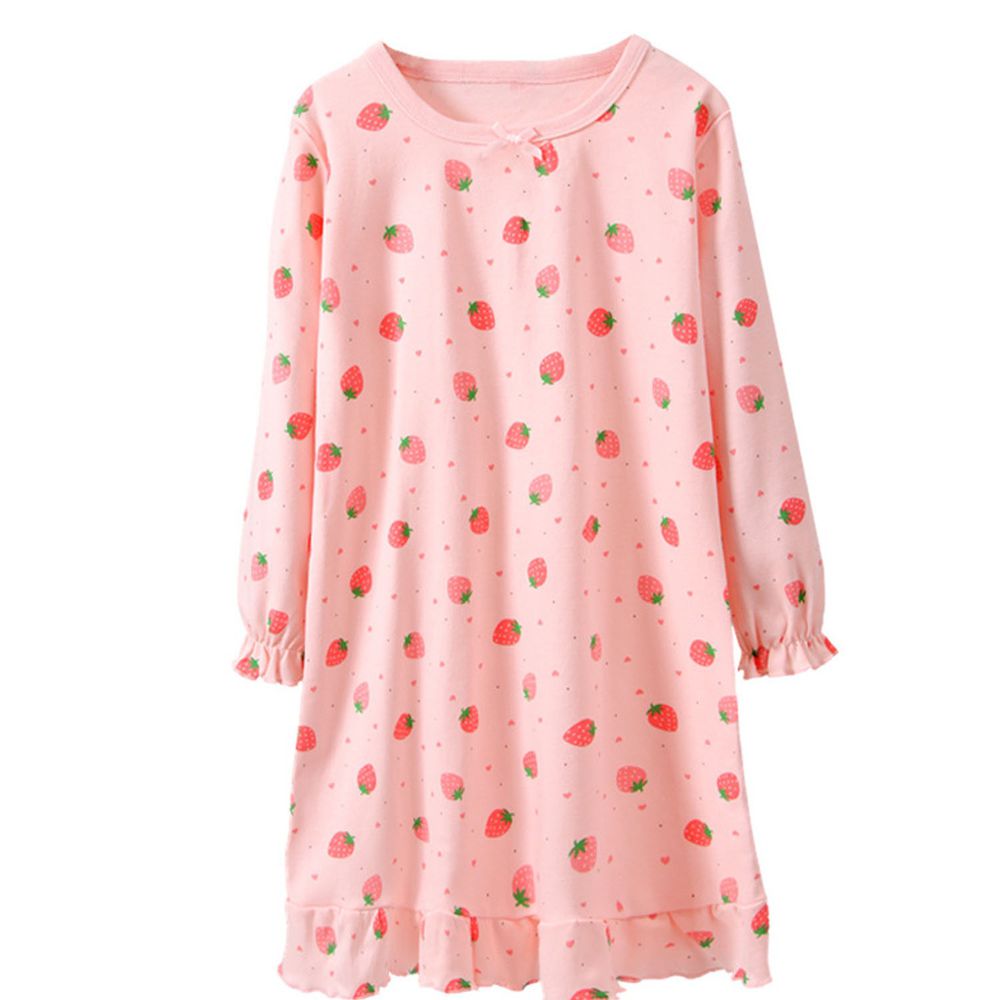 MAMDADKIDS - 純棉長袖睡裙-滿滿草莓荷葉邊-粉色