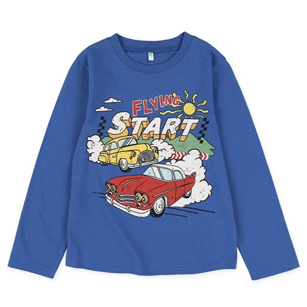 美式老爺車印花薄長袖上衣-寶藍