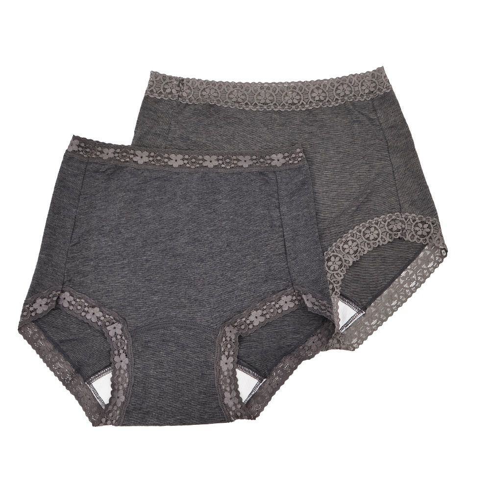 2件組-女用白竹炭紗防漏尿保潔內褲(50cc輕失禁適用)-褲腳蕾絲/隨機出貨-深灰
