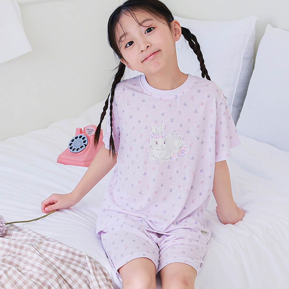 清涼嫘縈透氣短袖家居服/睡衣-花圈兔子-淡粉紫