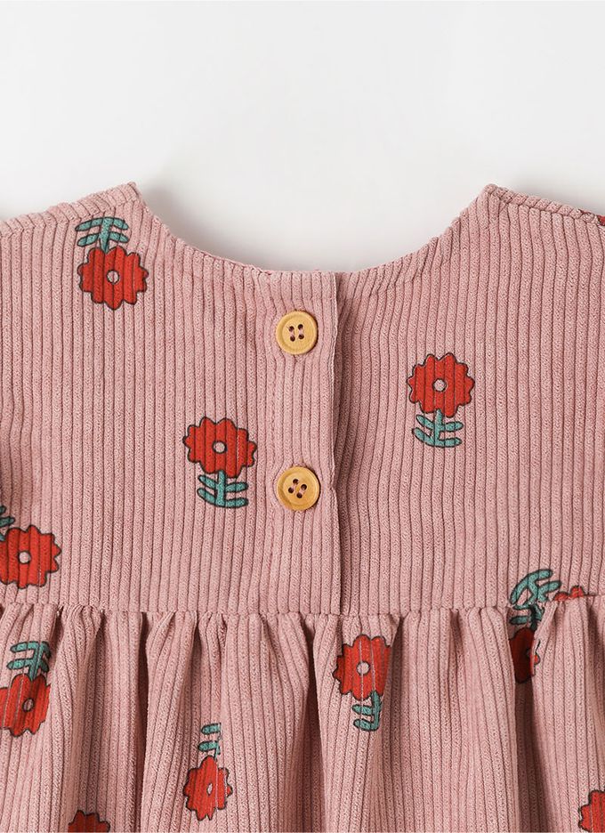 韓國 OZKIZ - 紅花印燈芯絨圓領背心洋裝-暗粉