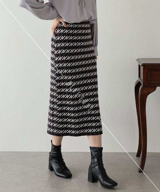 日本 BLUE EAST - 氣質千鳥格針織開叉合身長裙-灰白