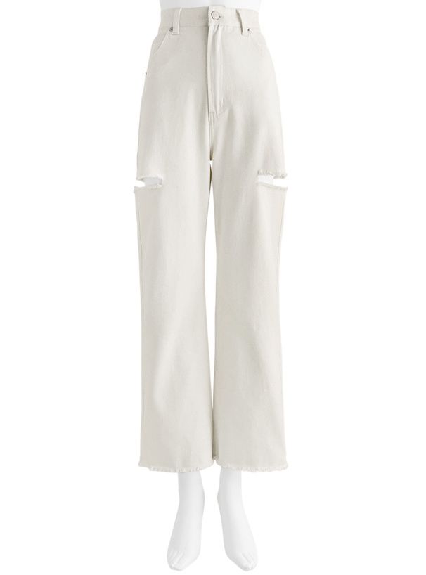 日本 GRL - 純棉厚磅美式抓破長褲-米白