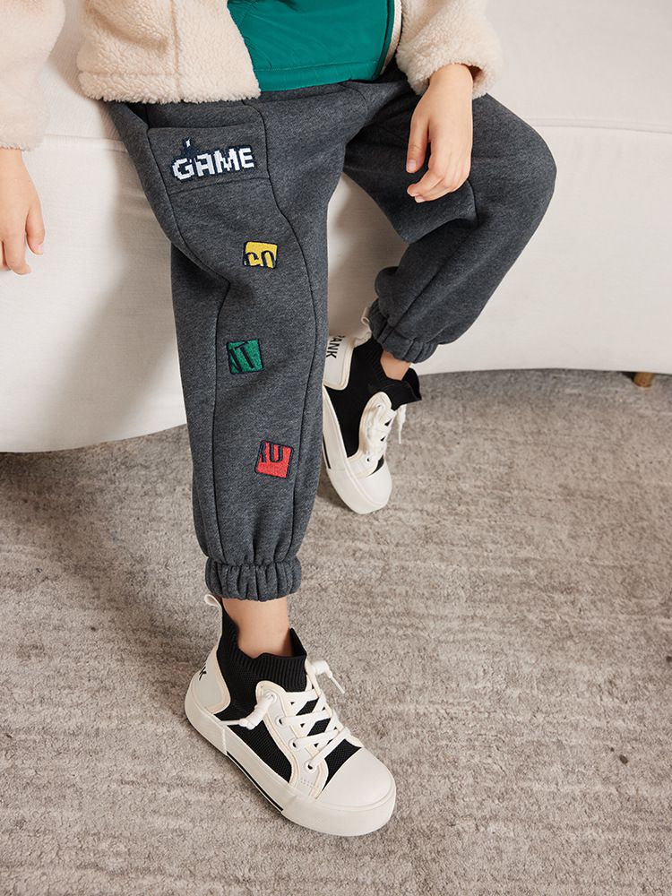 加絨腰鬆緊休閒保暖束口長褲-GAME-深灰色