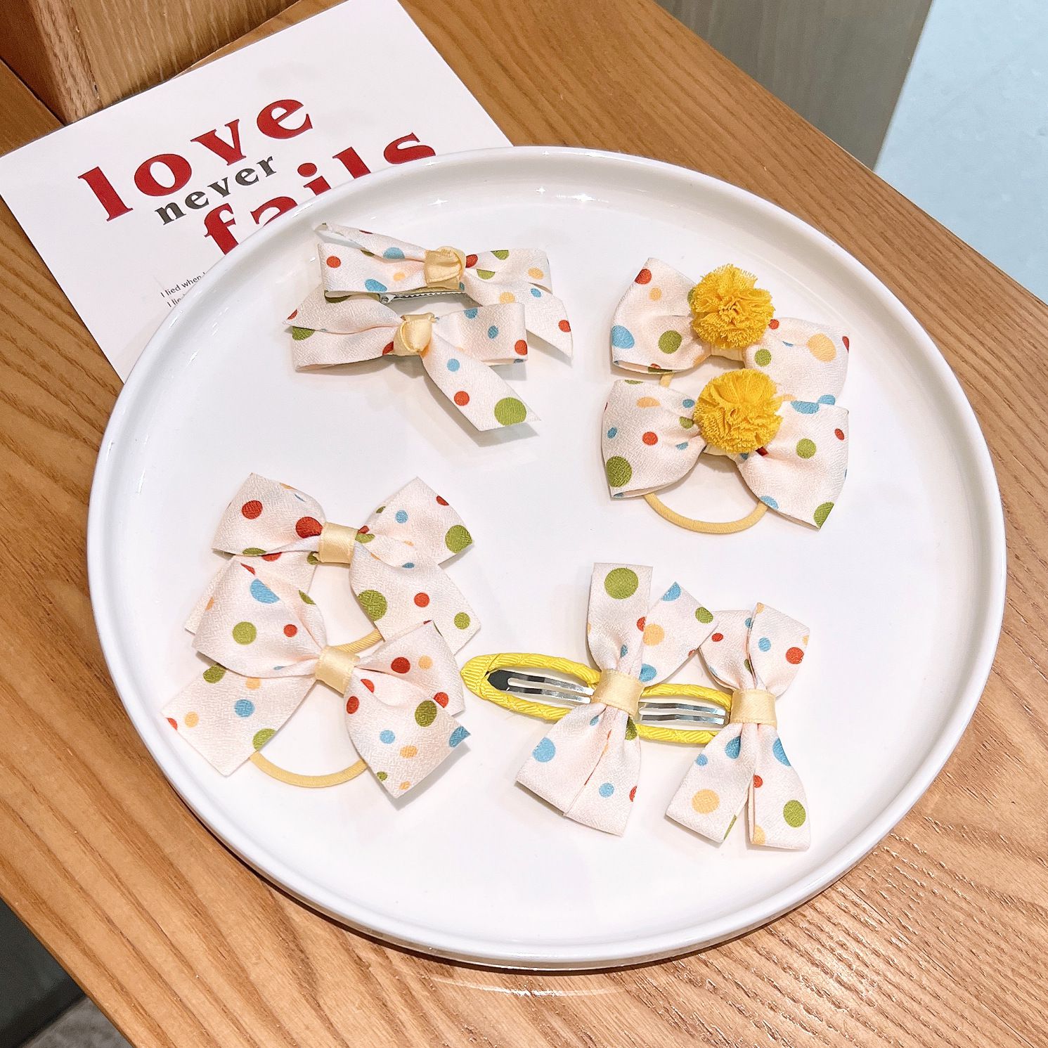 小清新布藝蝴蝶結圓點髮夾-拼色款-米白+黃