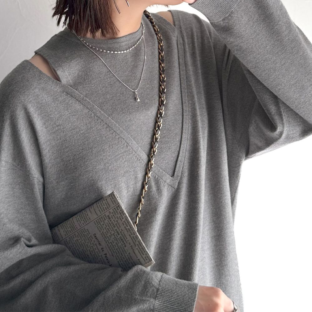 假二件疊穿時尚露肩長袖上衣-灰