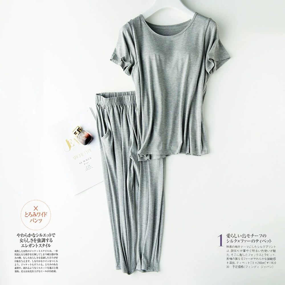 莫代爾絲柔Bra家居服套裝-短袖X七分褲-灰