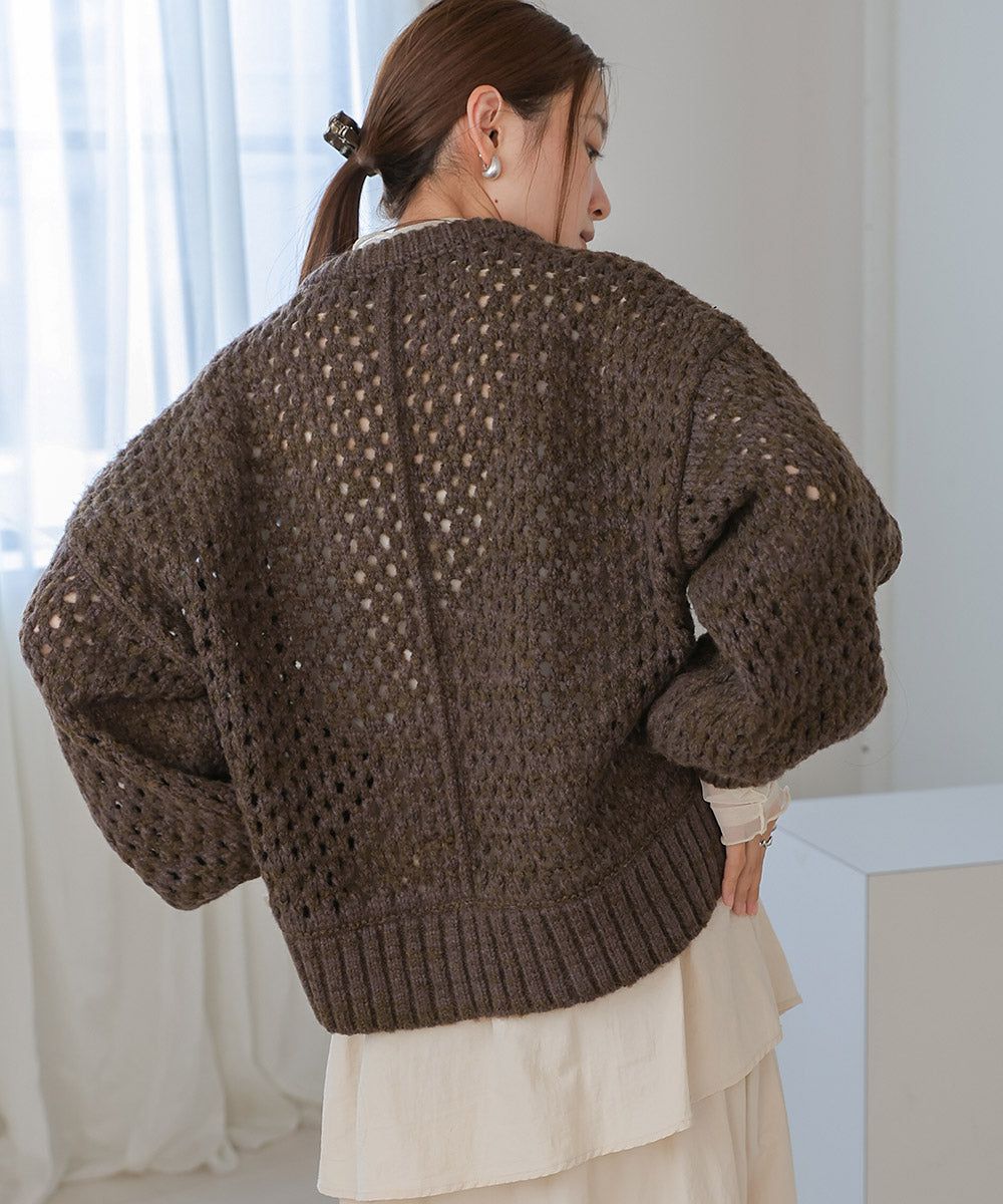 日本 Bab - 混羊毛設計感網格針織上衣-摩卡