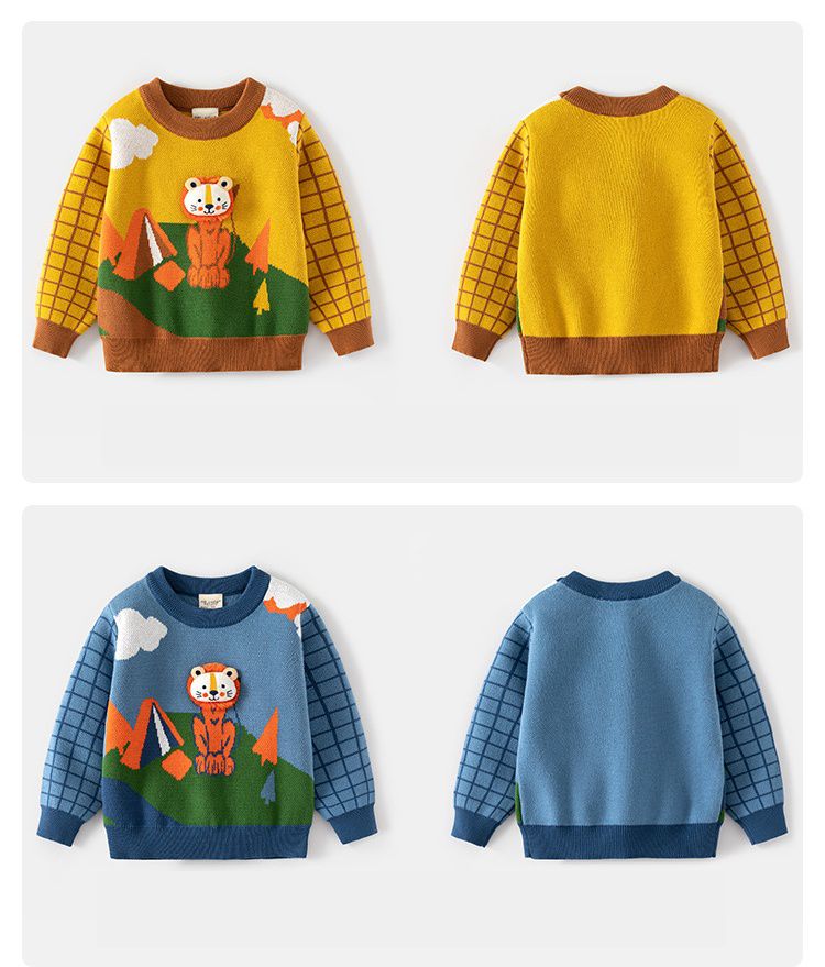 WELLKIDS - 圓領長袖針織毛衣-可愛獅子-藍色