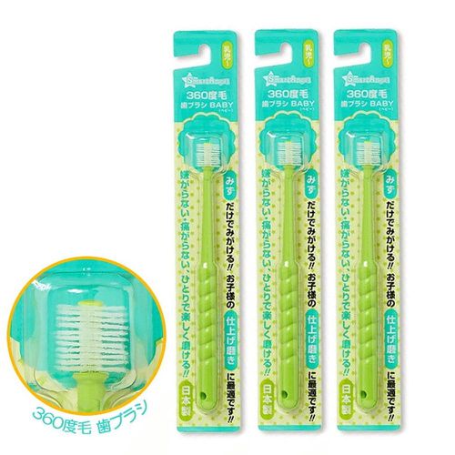 日本西松屋 - 日本製 360度兒童牙刷超值3件組-綠-0-3歲使用