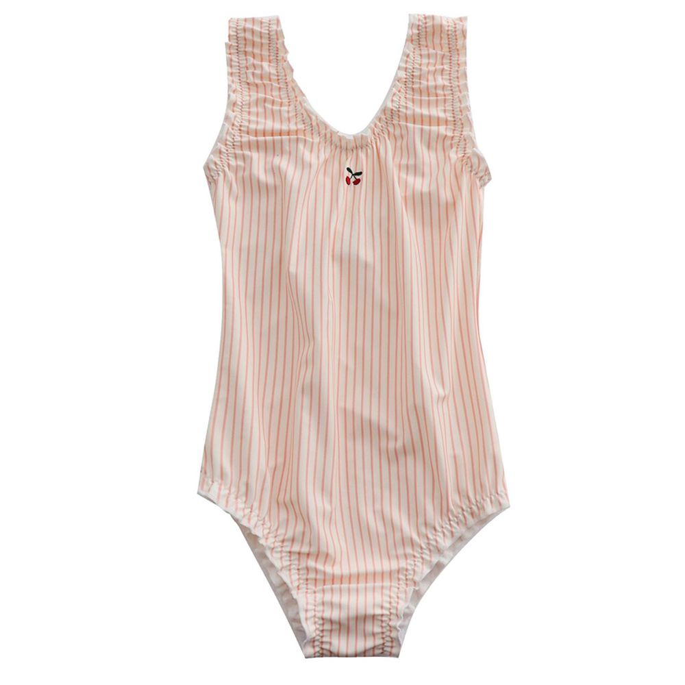 UPF50+U型連身泳裝(附泳帽)-粉橘條紋