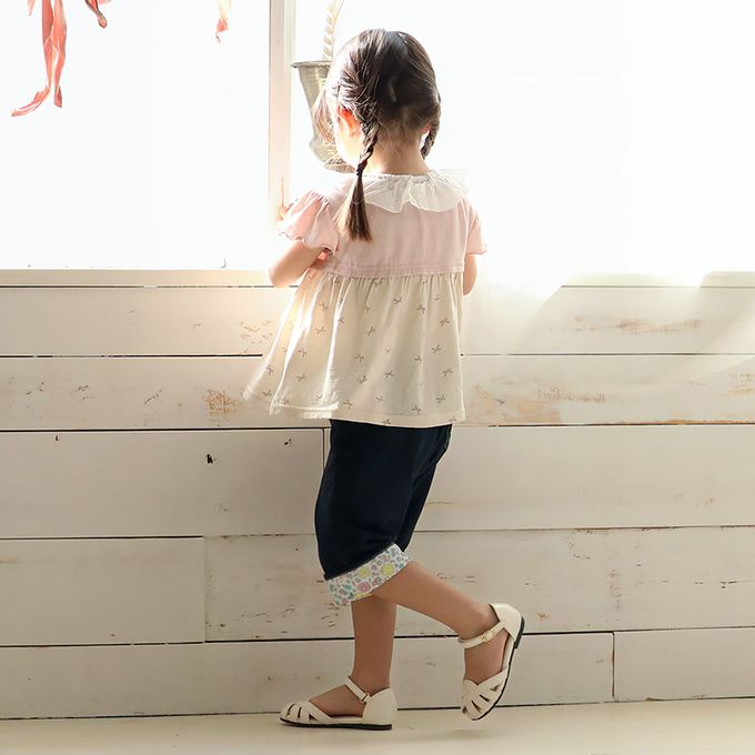 日本 ZOOLAND - 貝殼蕾絲領緹花短袖上衣-蝴蝶結印花-象牙