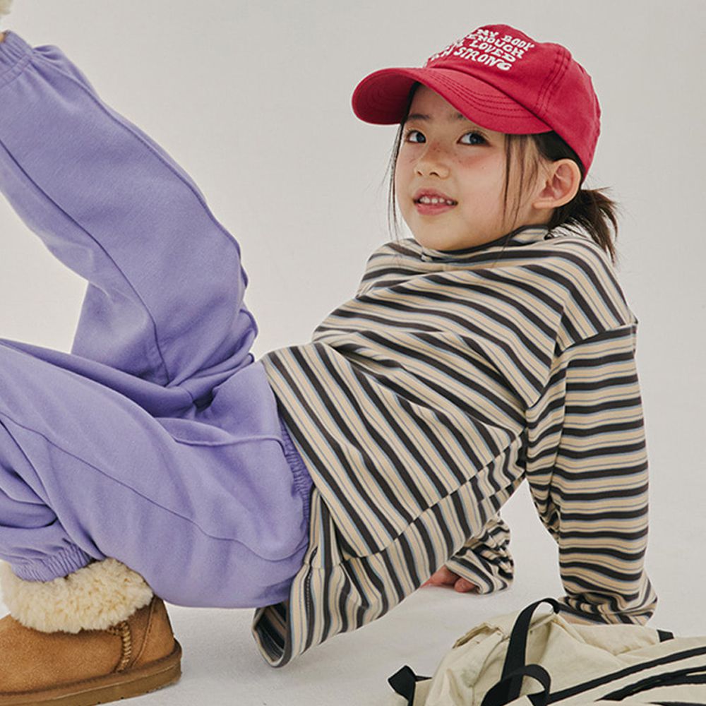 W.S.B. 條紋桃皮絨中領長袖上衣-深灰X灰藍X米