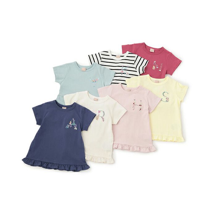 日本 petit main - 荷葉邊英文刺繡短袖上衣-M-桃粉