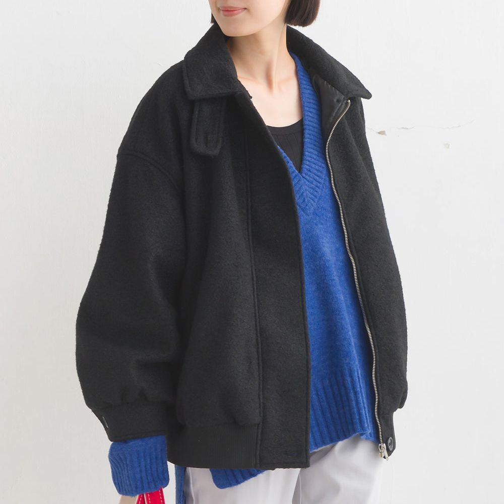 翻領休閒柔軟毛圈感保暖外套-百搭黑