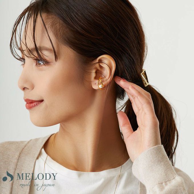 日本 Melody Accessory - 日本製 單顆珍珠線條耳骨夾-玫瑰金