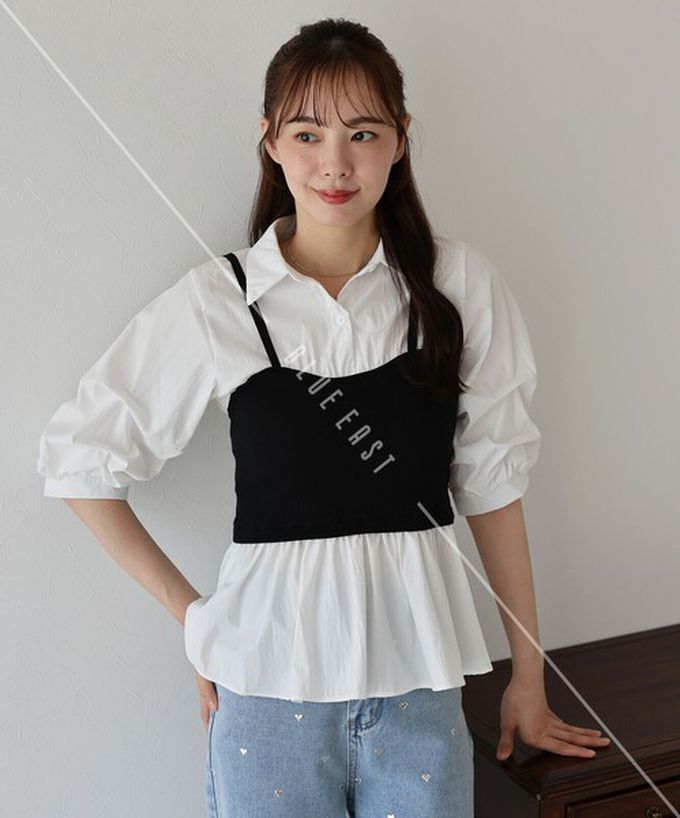 日本 BLUE EAST - 假二件俐落時尚疊穿五分袖上衣-黑x水藍