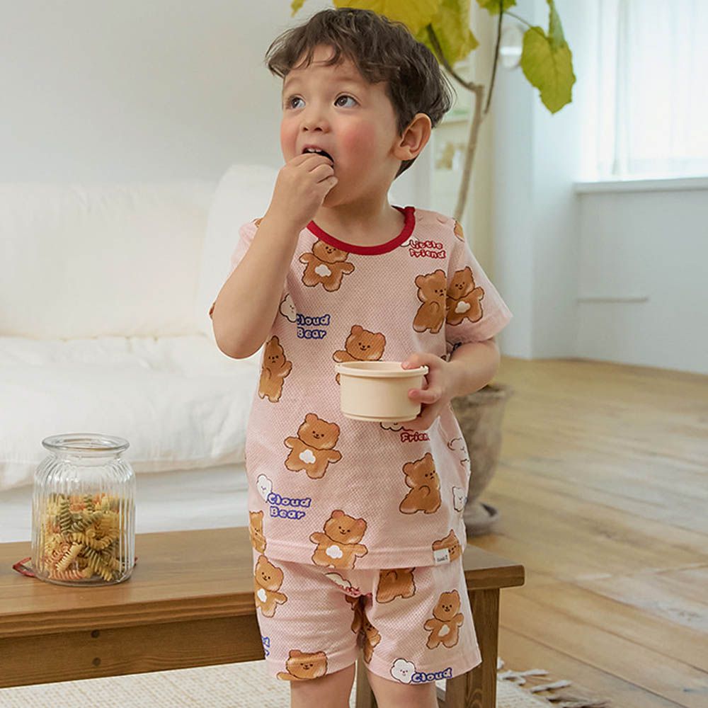 透氣網眼洞洞短袖家居服/睡衣-雲朵小熊-粉膚