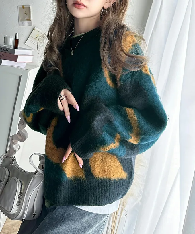 日本 Classical Elf - 歐風毛絨感波浪印花毛衣-粉x米