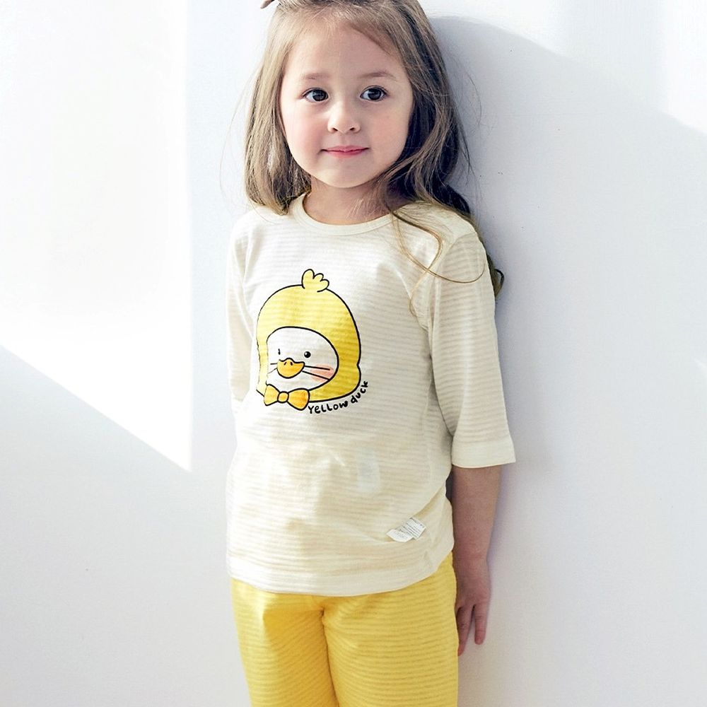 透氣條紋提花棉七分袖家居服-黃色鴨鴨-黃