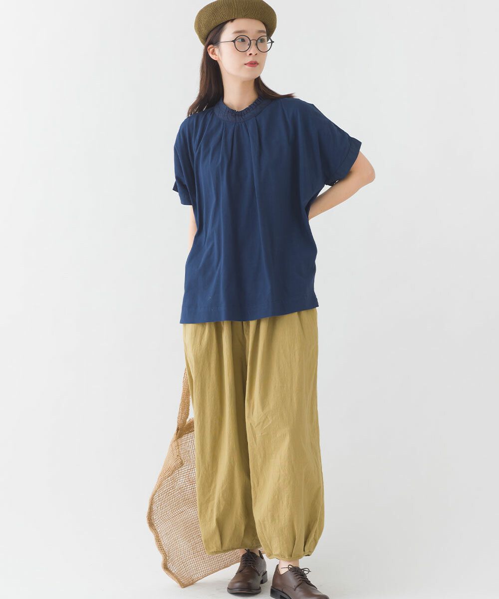 日本女裝代購 - 100%印度棉格紋拼接短袖上衣-深藍