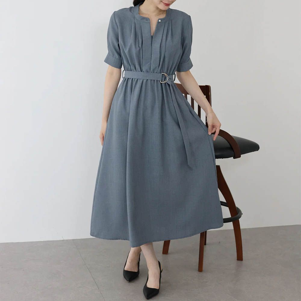 優雅打褶2way領束腰短袖洋裝-灰藍