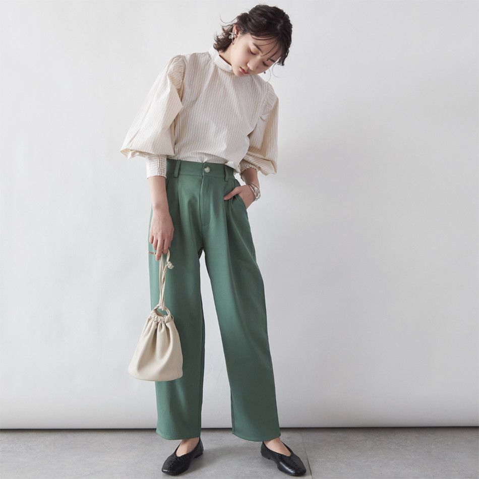 日本 Rejoule - 小立領浪漫澎袖上衣-白灰杏 (M(Free size))