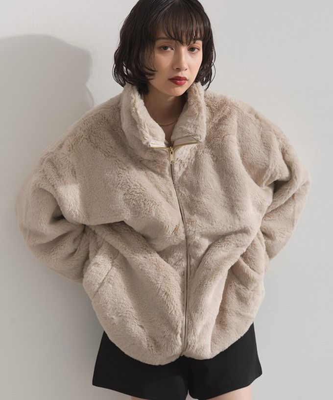 日本 ELENCARE DUE - 奢華毛絨柔軟寬鬆保暖拉鍊外套-灰摩卡