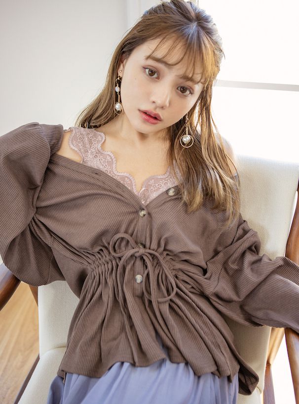 日本 GRL - 綁帶蕾絲V領無袖背心/內搭-淺杏粉