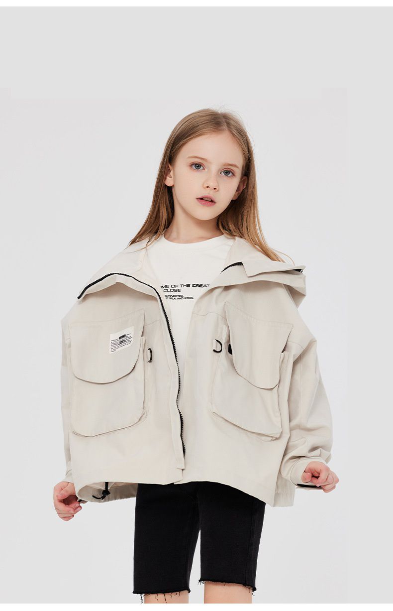 Little Deeyoo - 日系工裝防風連帽風衣外套/衝鋒外套-米白色