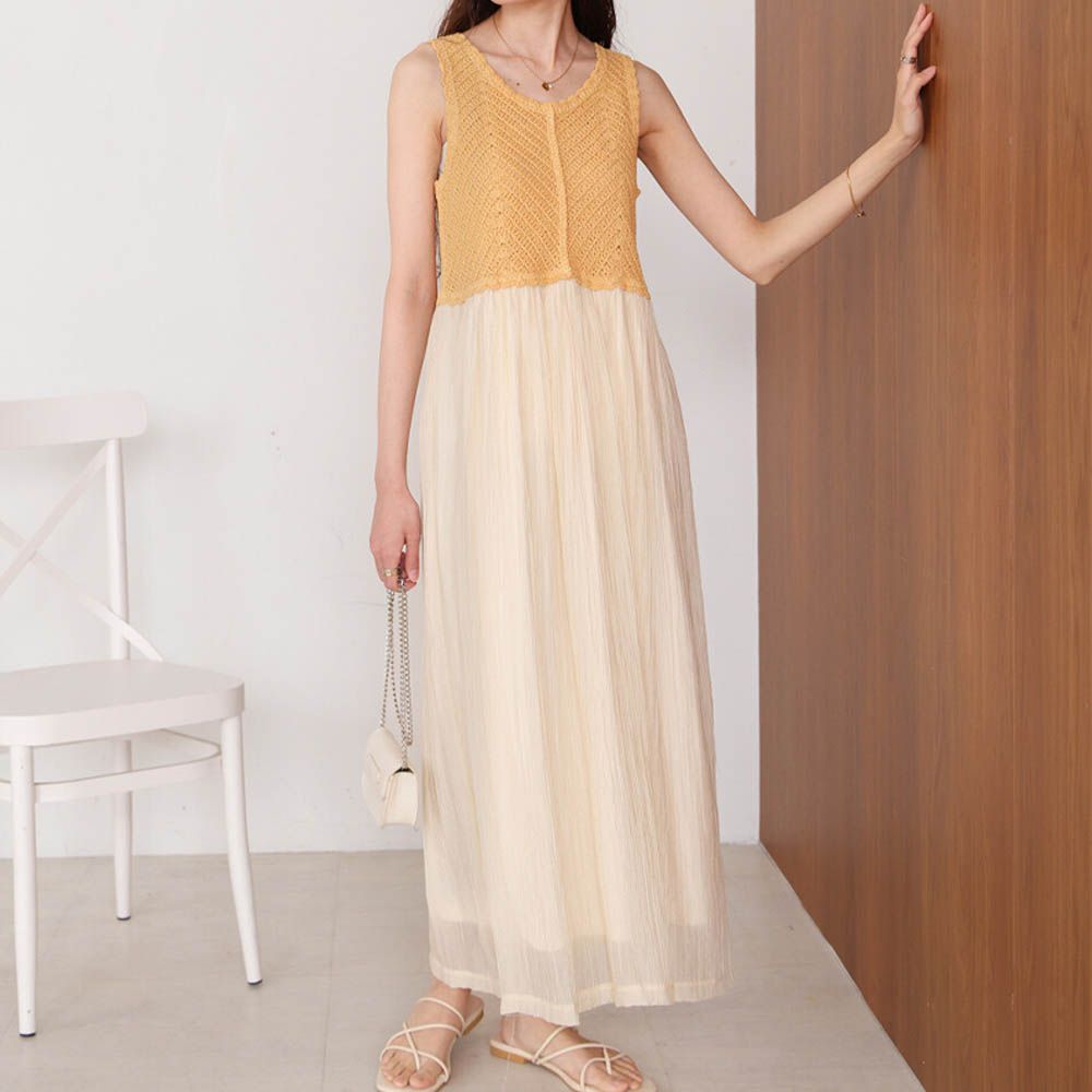 夏日氛圍鉤針縐紗背心裙-黃