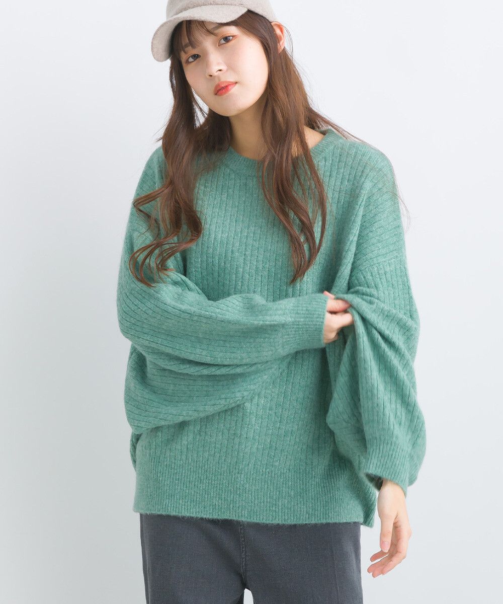 日本女裝代購 - 大寬袖圓領混色針織上衣-米黃