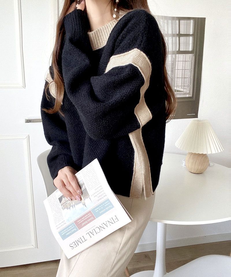 日本 Classical Elf - 撞色拼接寬鬆落肩毛衣-黑x杏