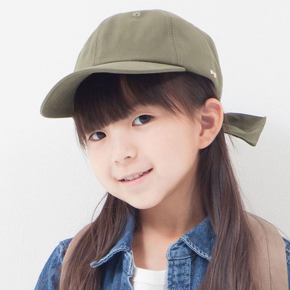 日本 irodori - 100%棉厚磅蝴蝶結遮陽老帽-兒童款-軍綠 (約54cm)