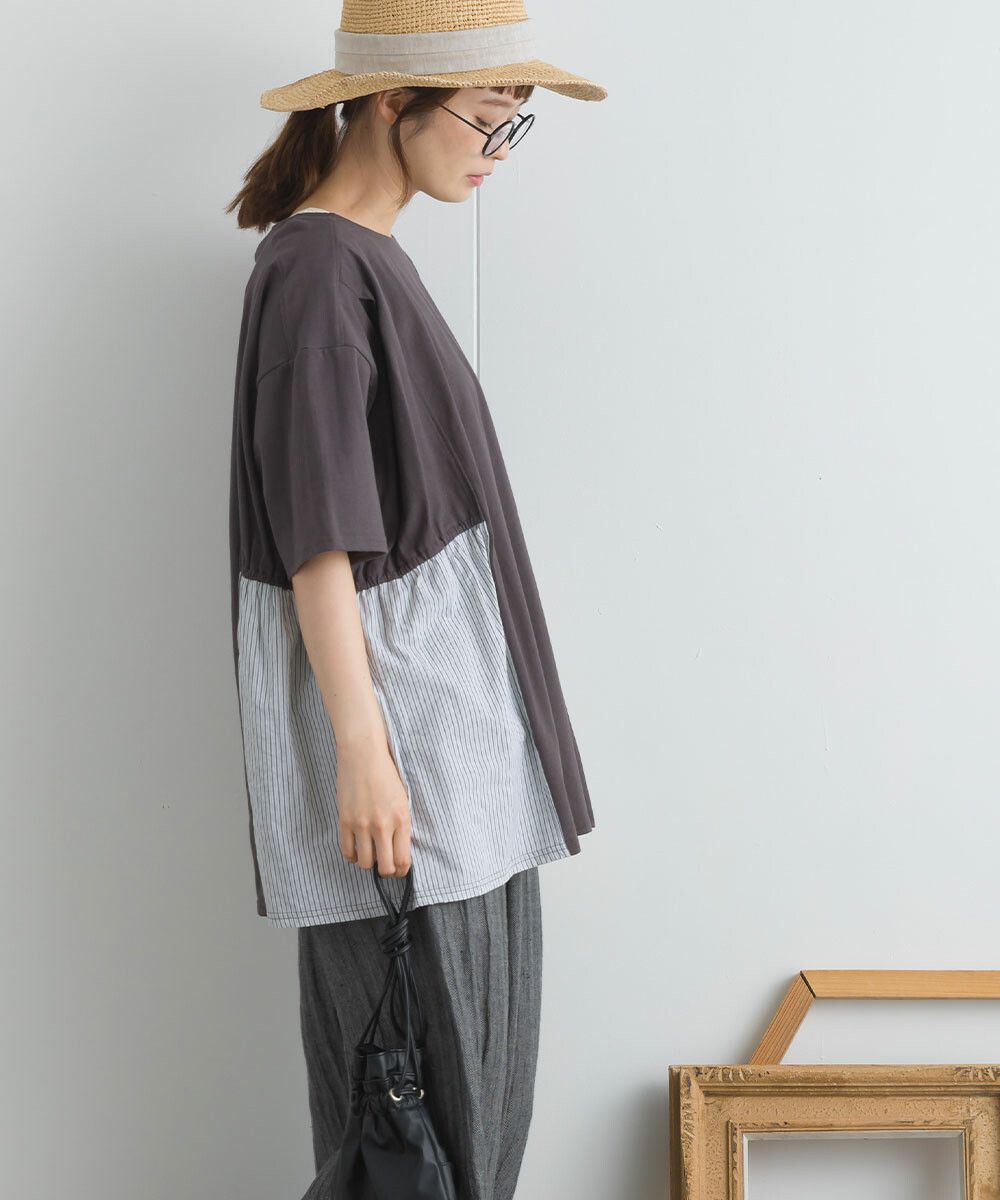 日本女裝代購 - 16支天竺棉拼接五分袖上衣-米白