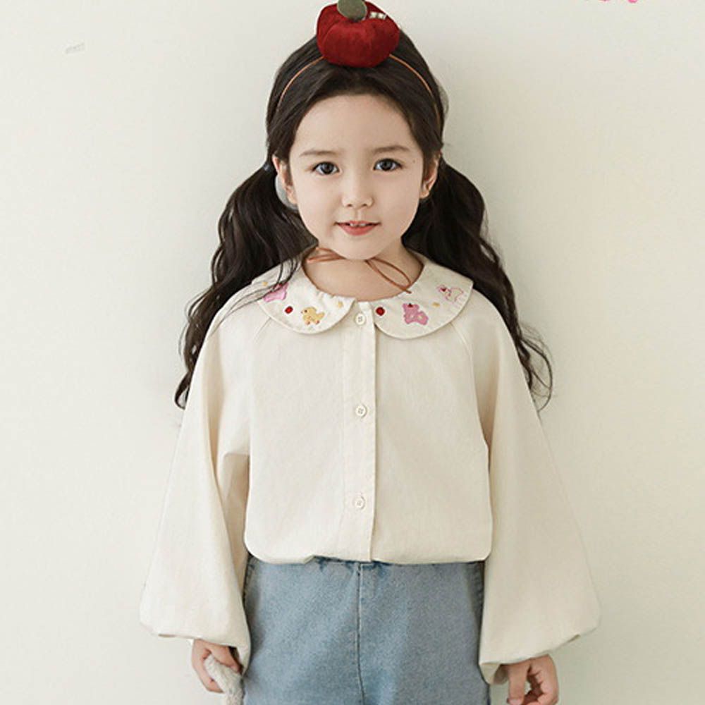 甜美娃娃翻領長袖上衣-卡通繡花-米色
