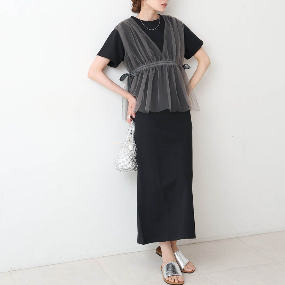 層次設計感薄紗拼接短袖洋裝-黑