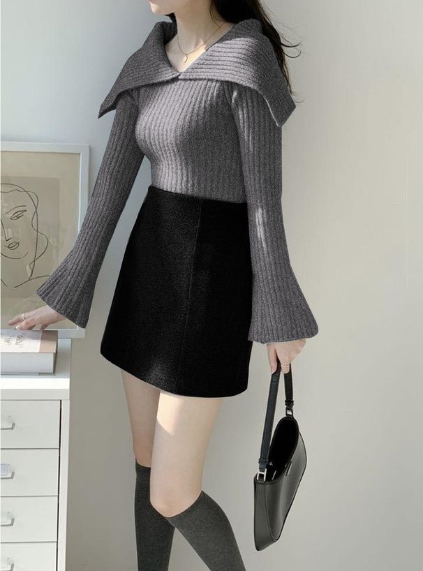 日本 GRL - 大翻領羅紋彈性薄針織上衣-奶茶 (F)