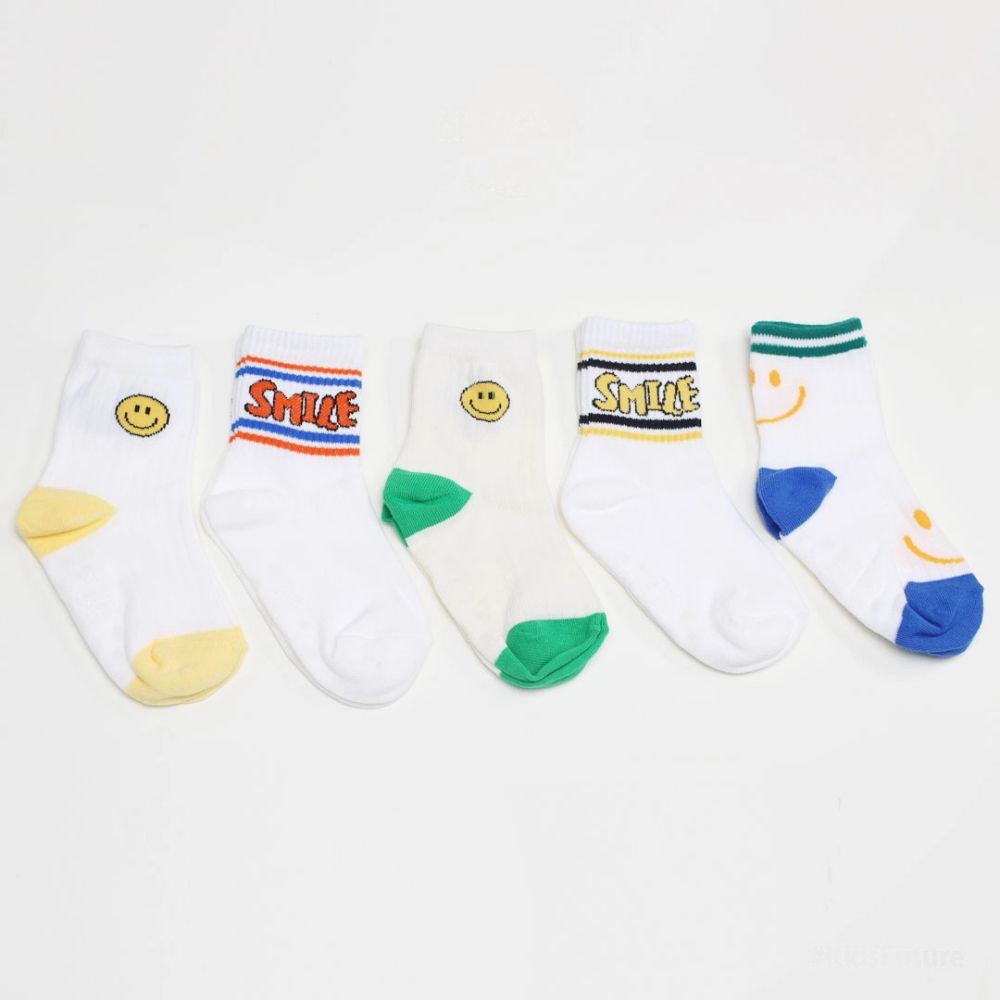 (五入組)韓製兒童中筒襪-笑臉