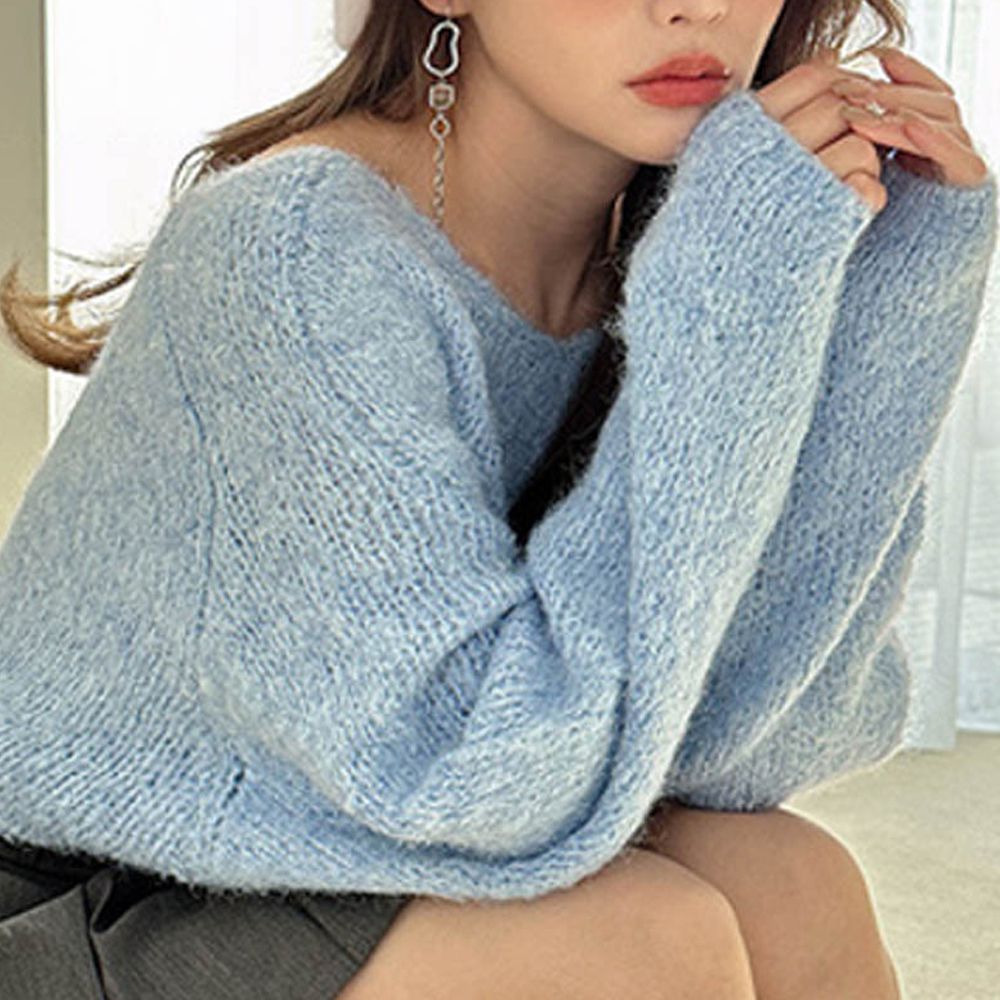 前後2way馬海毛觸感短版針織上衣-藍 (F)